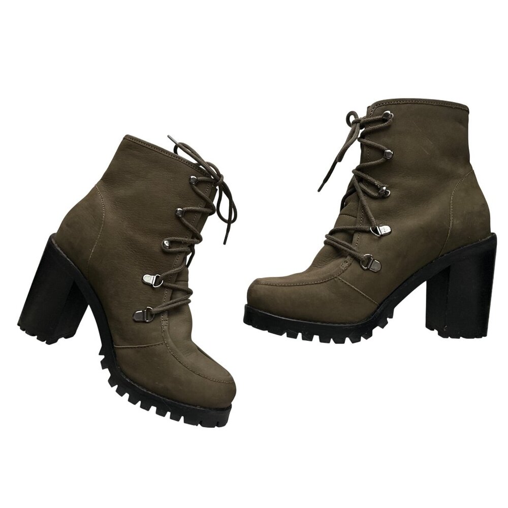 Seychelles Olive Suede Lace Up Ankle Boots Green 4” Chunky Lug Heels Size 8 - Picture 2 of 8